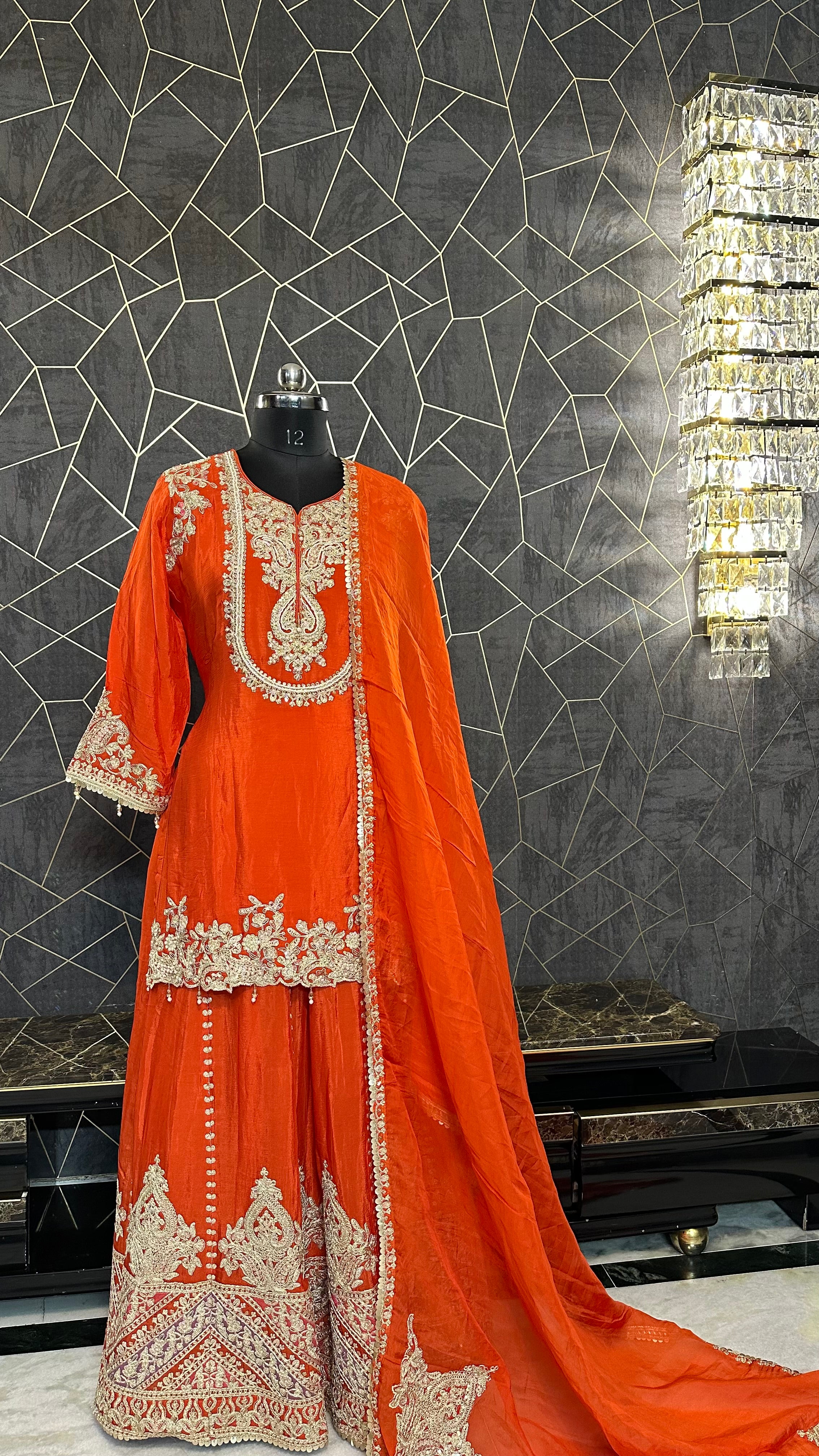 Heavy Embroidered Orange Kurta & Skirt Set with Dupatta