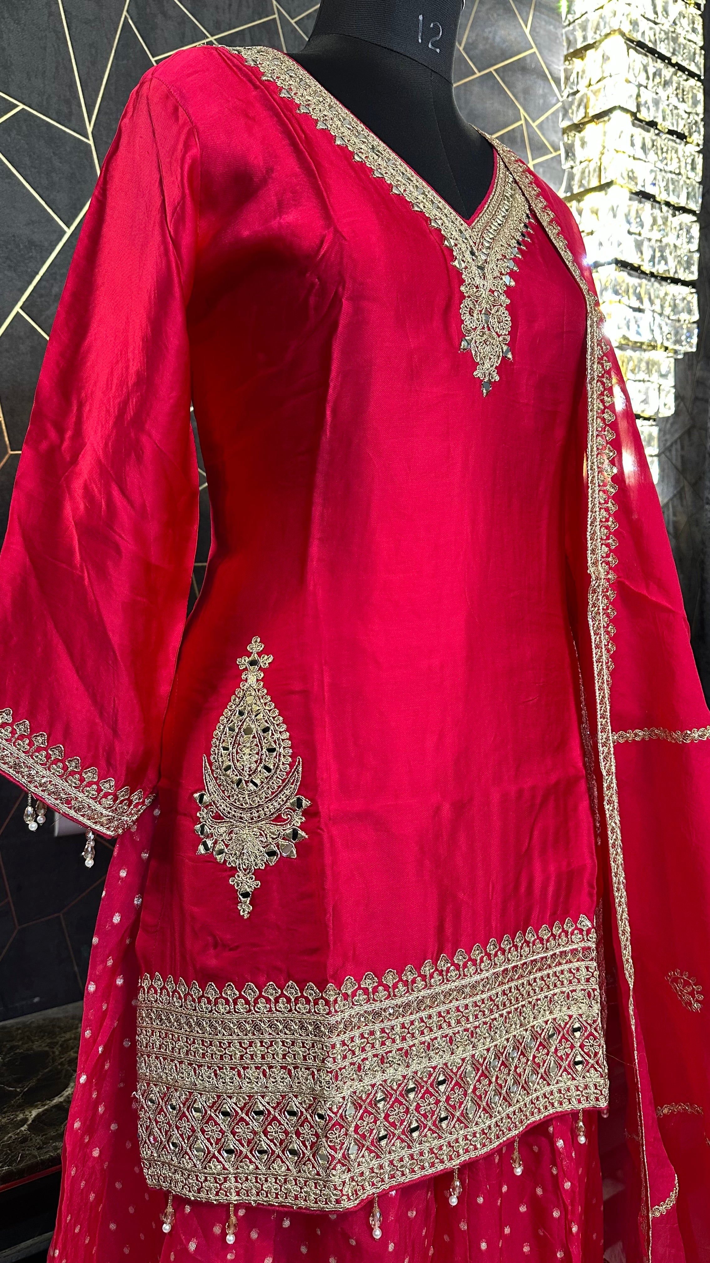 "Gulnaar" Elegant Pink & Gold Embellished Kurta Skirt Set