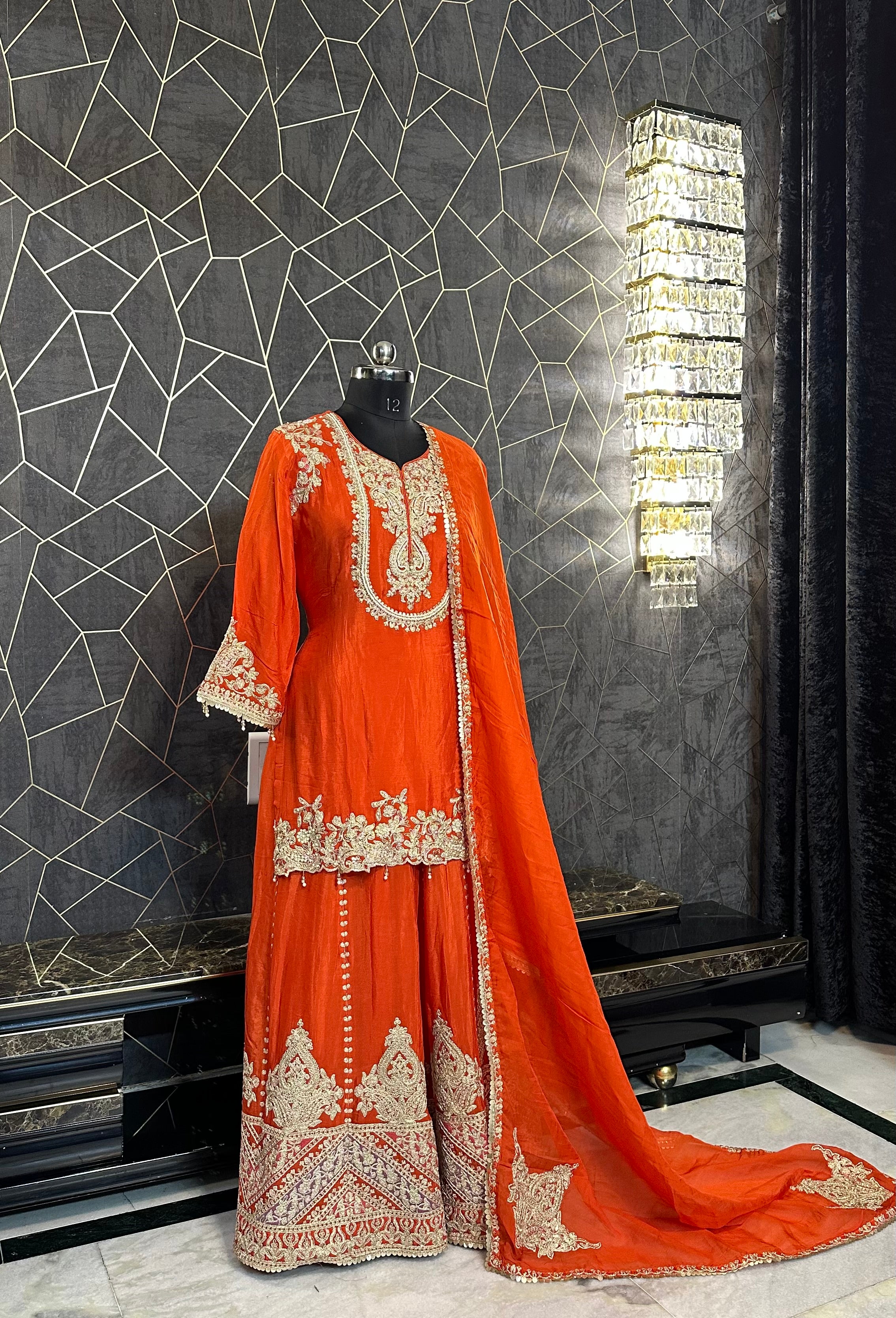 Heavy Embroidered Orange Kurta & Skirt Set with Dupatta