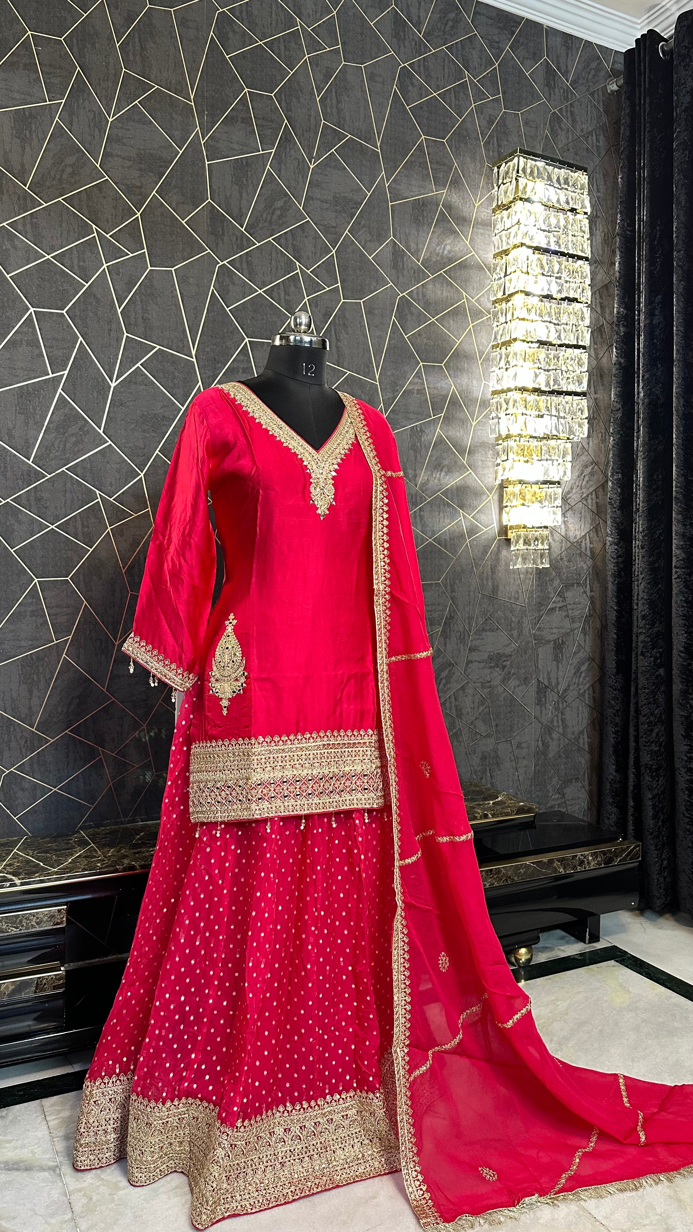 "Gulnaar" Elegant Pink & Gold Embellished Kurta Skirt Set