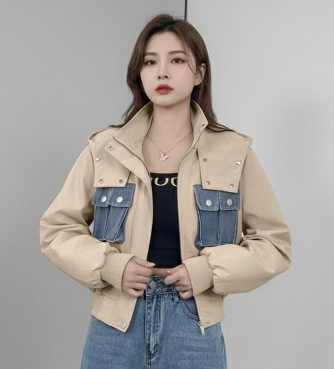 Urban Utility Cropped Jacket with Contrast Denim Pockets
