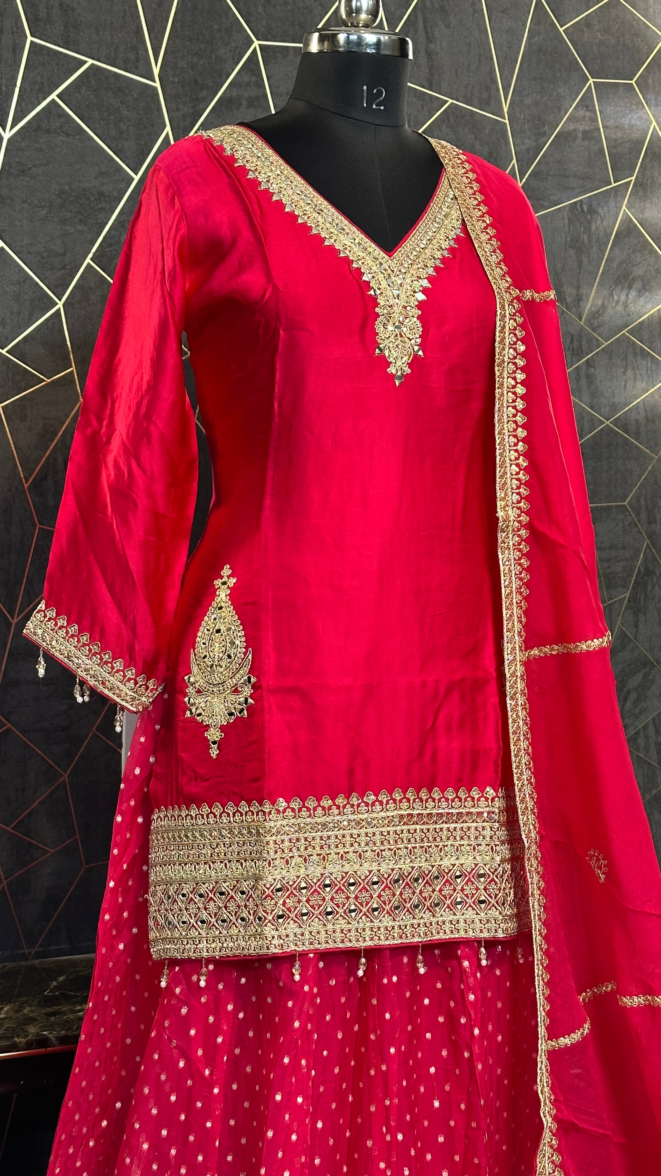 "Gulnaar" Elegant Pink & Gold Embellished Kurta Skirt Set