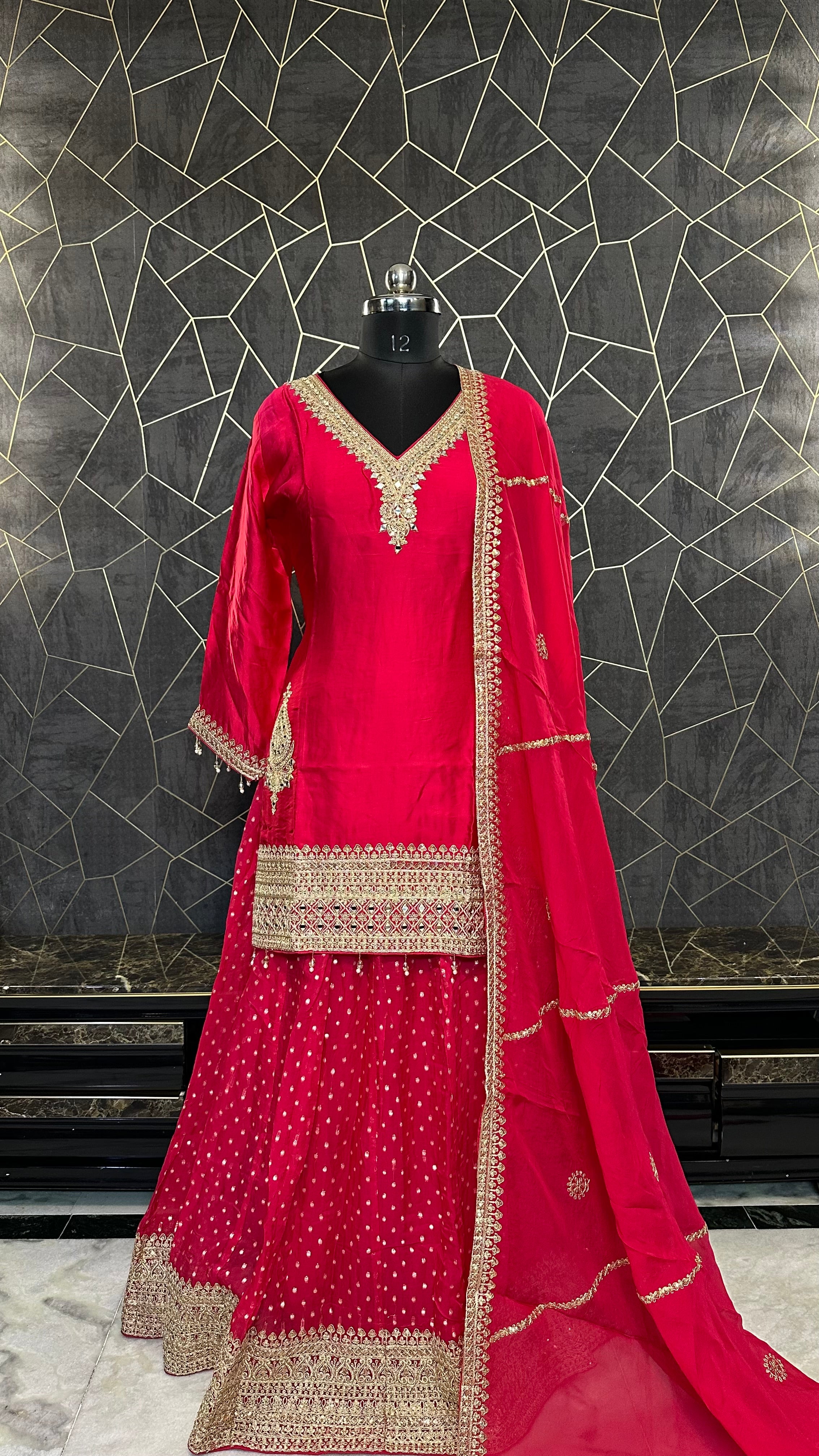 "Gulnaar" Elegant Pink & Gold Embellished Kurta Skirt Set