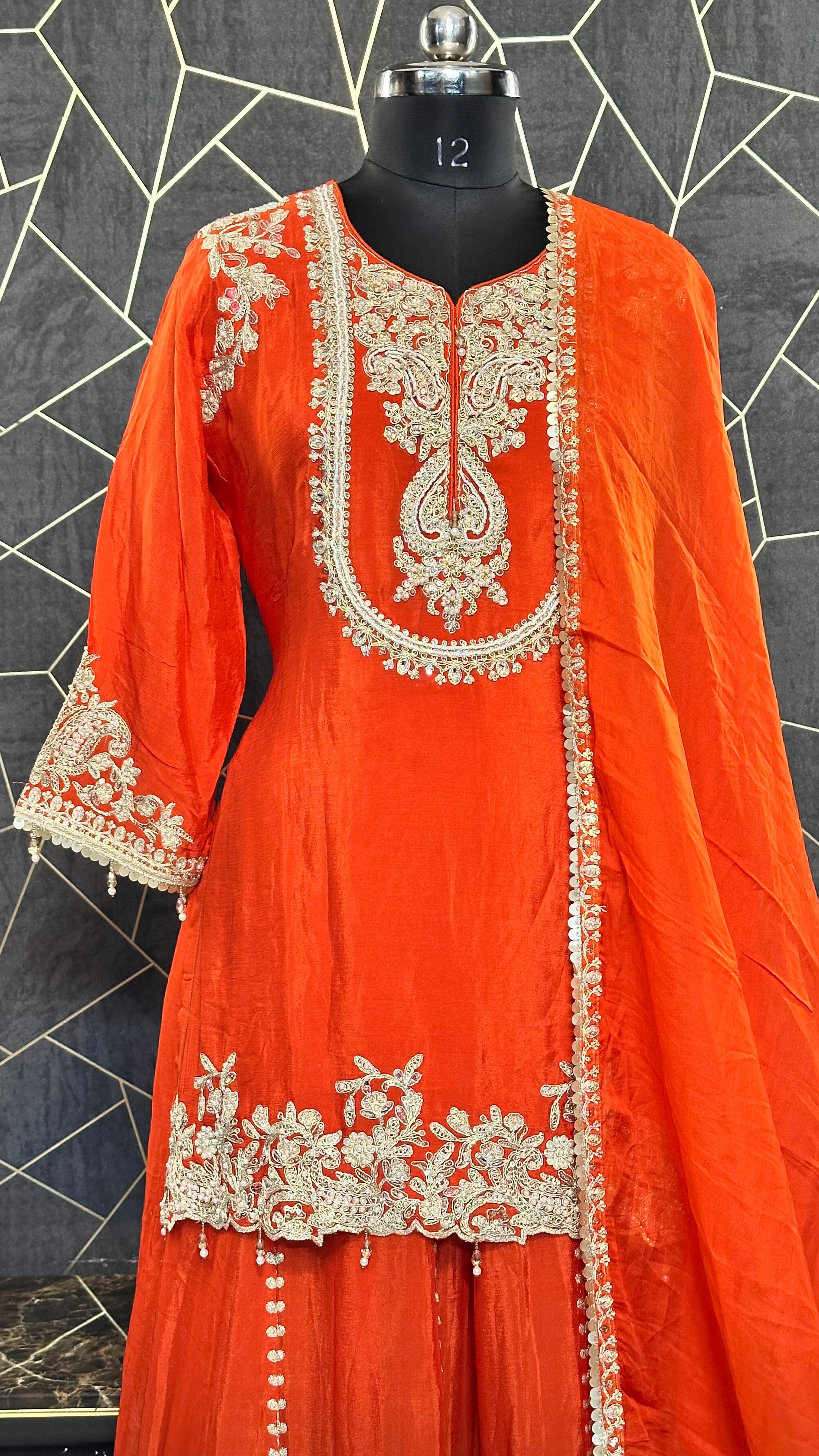 Heavy Embroidered Orange Kurta & Skirt Set with Dupatta