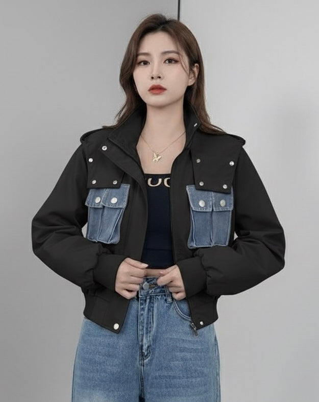 Urban Utility Cropped Jacket with Contrast Denim Pockets