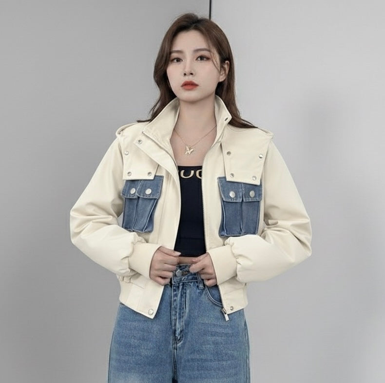 Urban Utility Cropped Jacket with Contrast Denim Pockets
