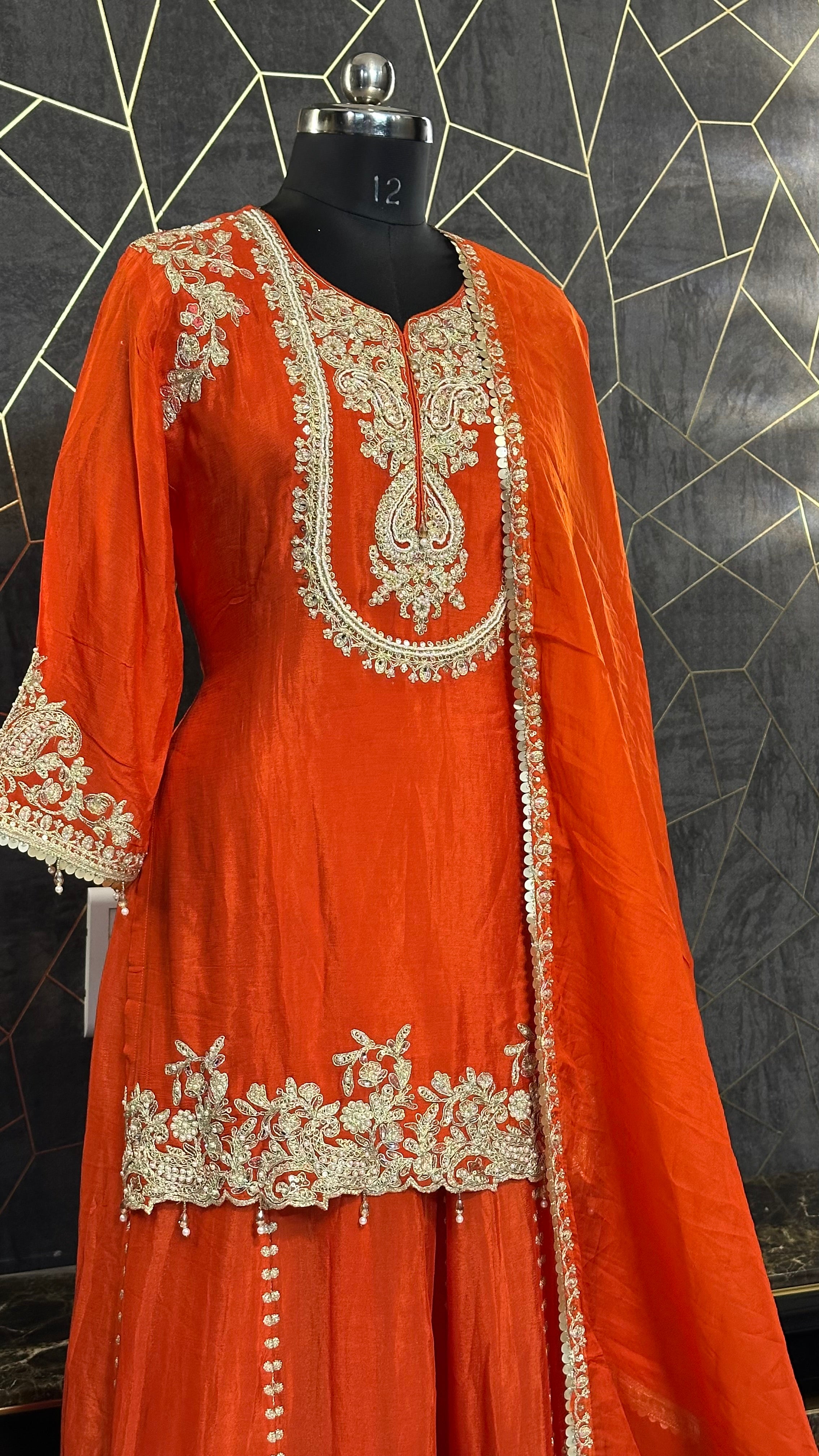 Heavy Embroidered Orange Kurta & Skirt Set with Dupatta